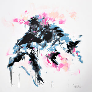 A colorful hand-pulled screen print of a figure with abstract and fluid lines, predominantly in black, with accents of pink and blue.