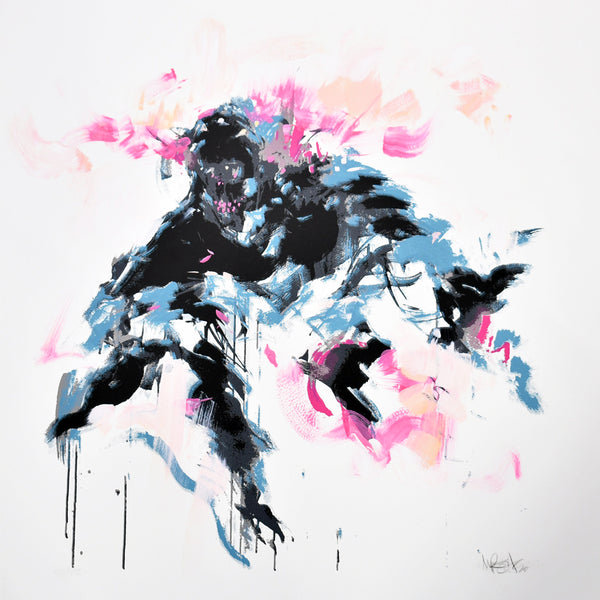 A colorful hand-pulled screen print of a figure with abstract and fluid lines, predominantly in black, with accents of pink and blue.